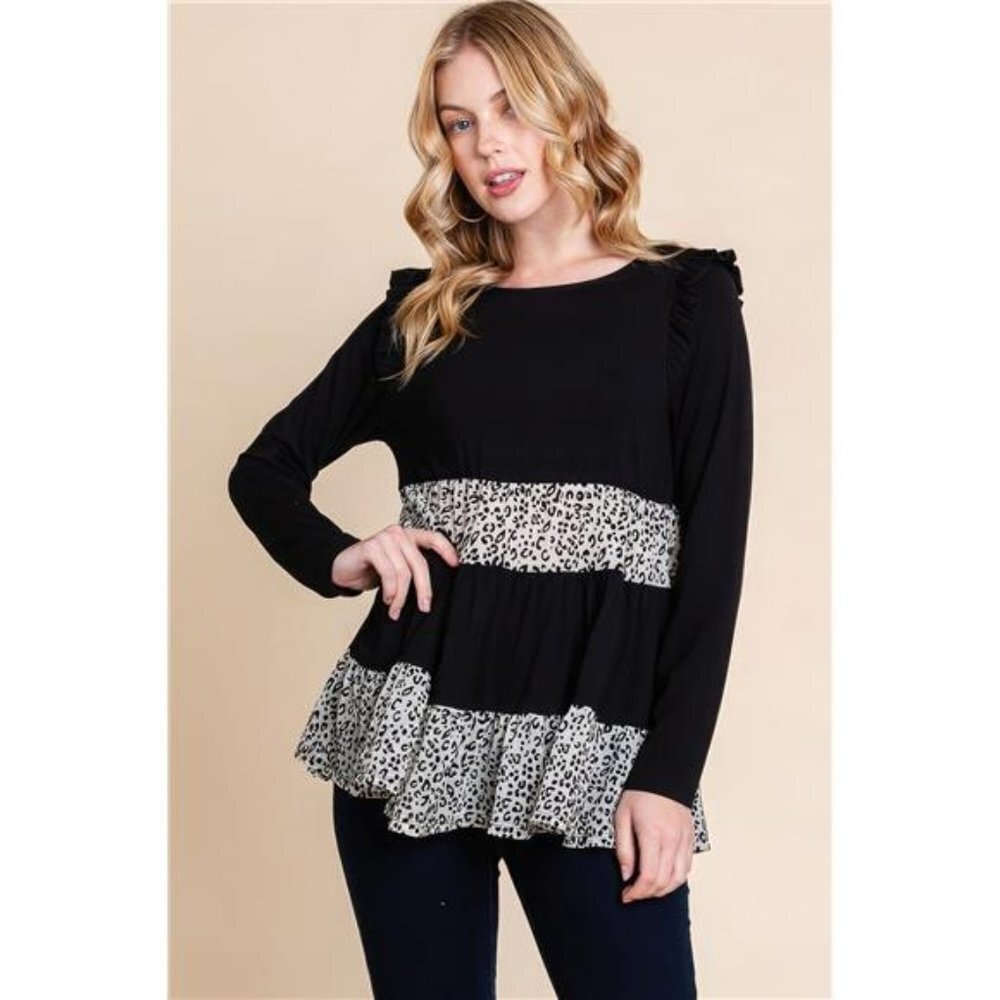 Solid Tiered Fashion Top featuring Velvet Animal Print Mesh Contrast